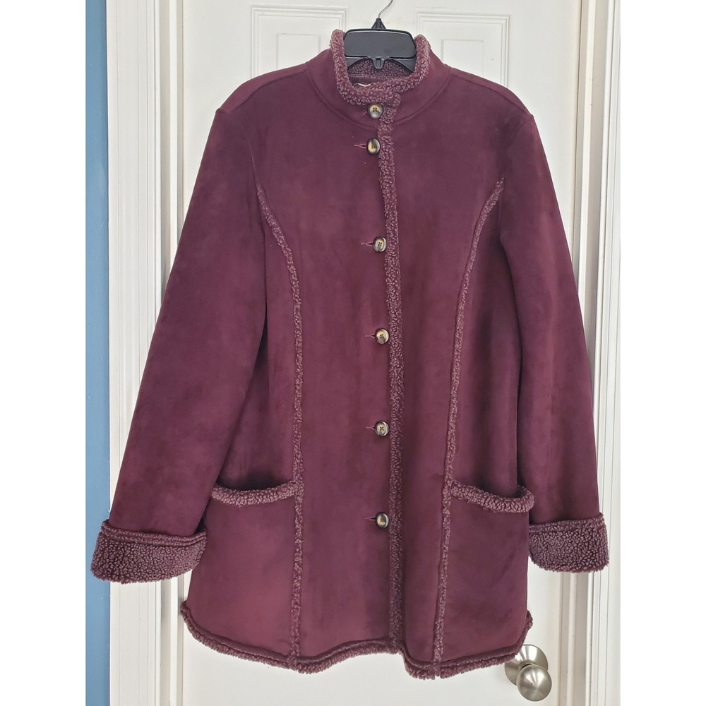 L.L.Bean Faux Suede Sherpa Lined Coat Plum Purple Button Front Outdoor XL